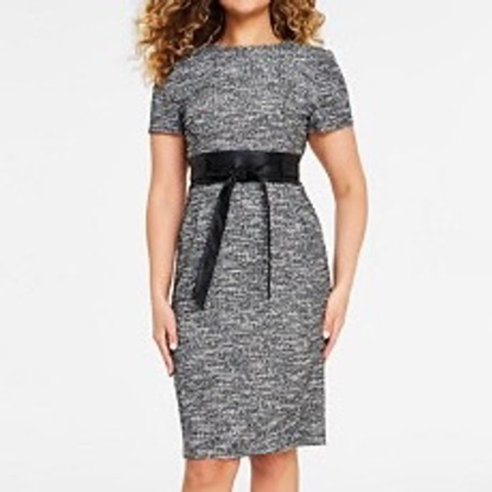 Calvin Kleinโ Black White Marled Sheath Dress with Faux Leather Belt Size 10